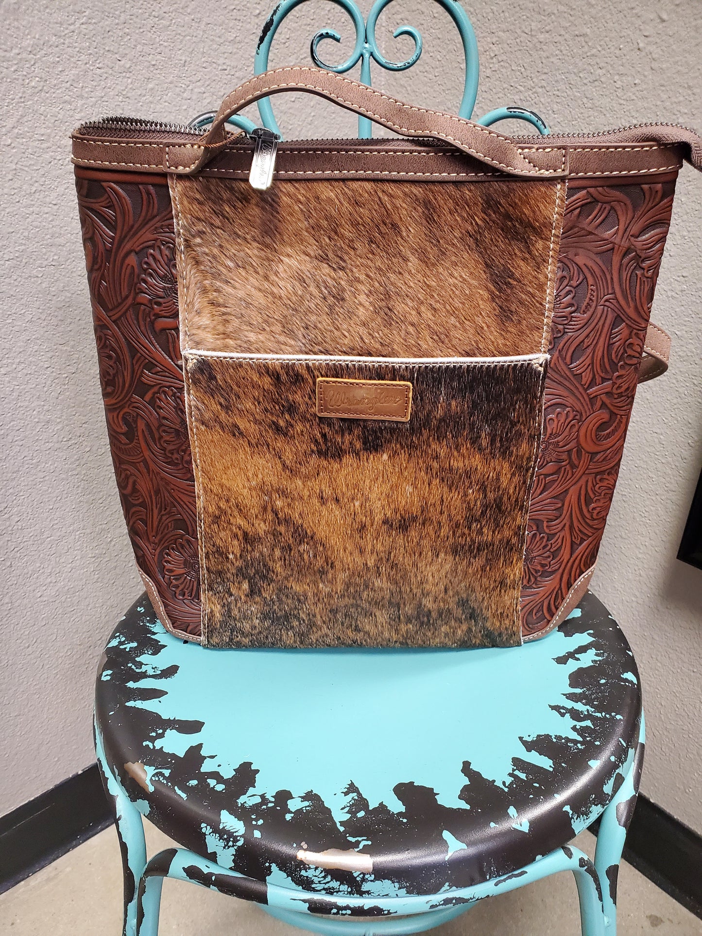 WG169- Wrangler Genuine Hair-On Cowhide Floral Tooled Convertible Backpack/Crossbody - Coffee