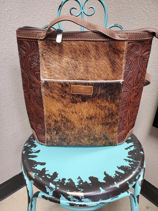 WG169- Wrangler Genuine Hair-On Cowhide Floral Tooled Convertible Backpack/Crossbody - Coffee