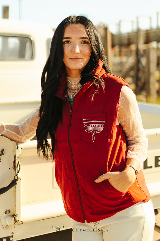 Wine Puffer W Aztec Lining Boot Stitch Detail Vest Plus Size