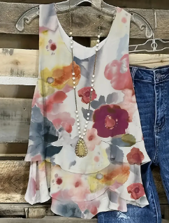 Floral Pattern Tank Top, Casual Crew Neck Tank Top