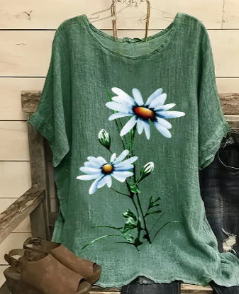 Floral Print Crew Neck T-shirt, Casual Short Sleeve Cotton Top