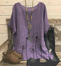 Dandelion Print Crew Neck T-Shirt, Casual Short Sleeve Top