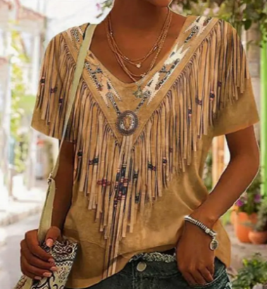 Tassel V Neck T-shirt, Casual Short Sleeve Top