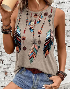 Western Style Feather Print Tank Top
