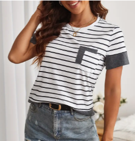 Grey & White Striped Print Crew Neck T-Shirt