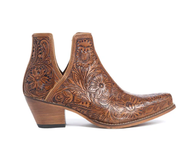 Dakota Charm Hand-tooled Booties in Caramel