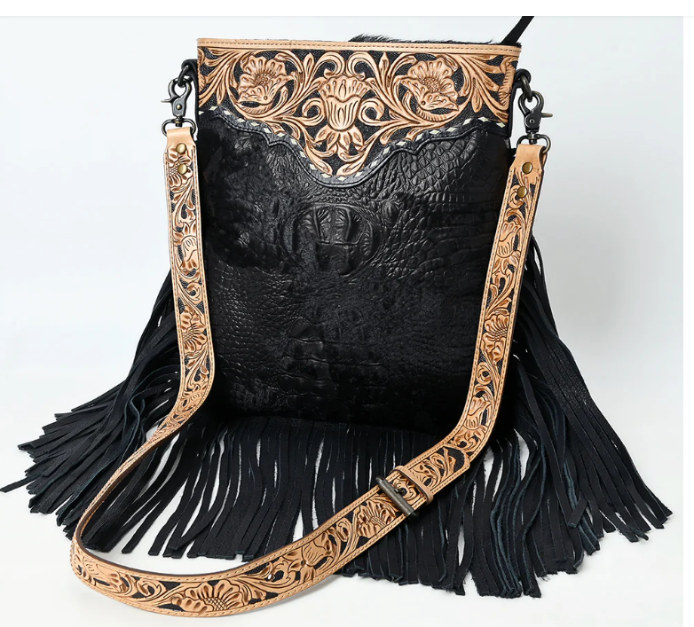 ADBG1580 American Darling Western Genuine Crocodile Embossed Leather Large Crossbody Bag with Fringe and Hand-Tooled Detailing