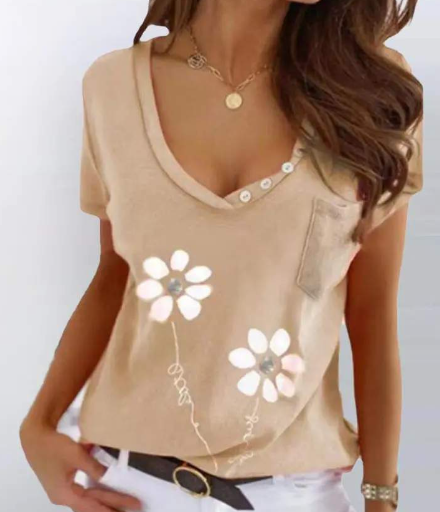 PRINT V NECK BUTTON DECOR T SHIRT