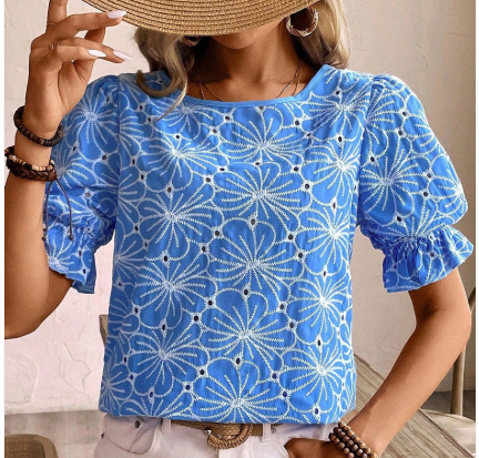 EyeletFlower Embroidery Short Puff Sleeve Blouse