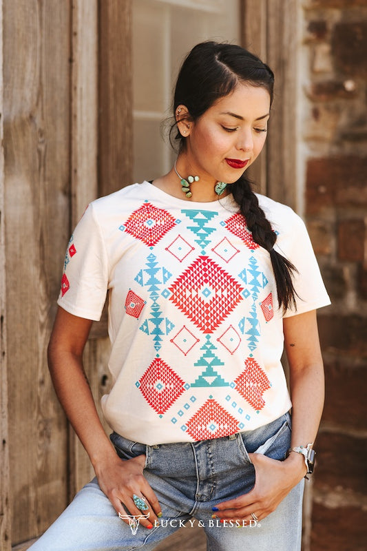 Ivory Coral Turquoise Aztec Printed Short Sleeve Stretch Top