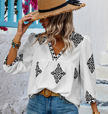 Printed T Shirt V Neck Loose Puff Sleeves Shirts