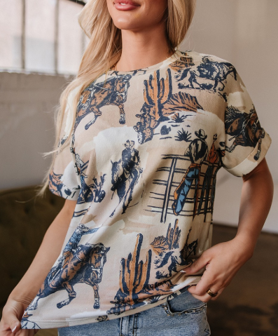 Western Cowboy Print Cuffed Sleeve Crewneck T Shirt