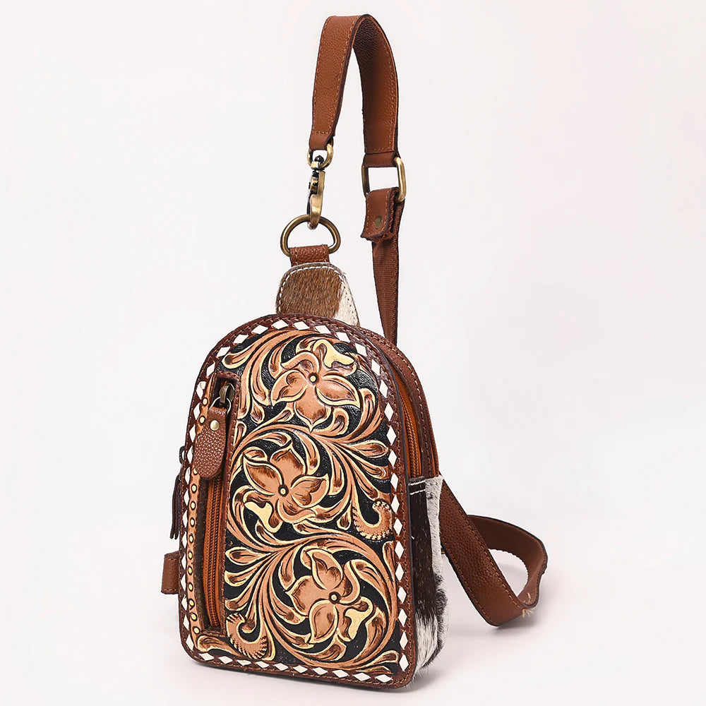 American Darling Tooled Leather Sling Backpack with Cowhide Inlay & White Lacing Trim ADBGA651