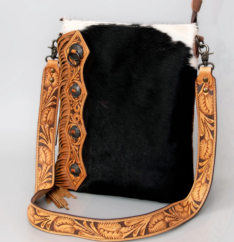 ADBG464BRW Western Chaps-Inspired Cowhide & Tooled Leather Crossbody Bag Rodeo Fringe Edition