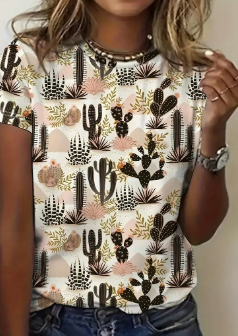Cactus Print Crew Neck T-shirt, Casual Short Sleeve Top