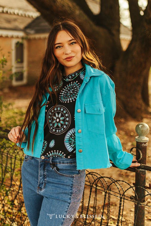 Turquoise Button Down Crop Shirt