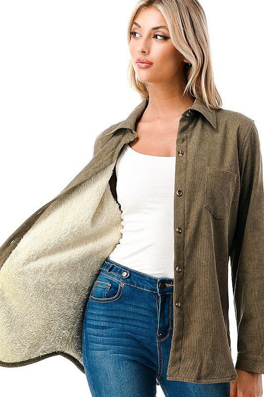Solid corduroy button down fleece lined shacket