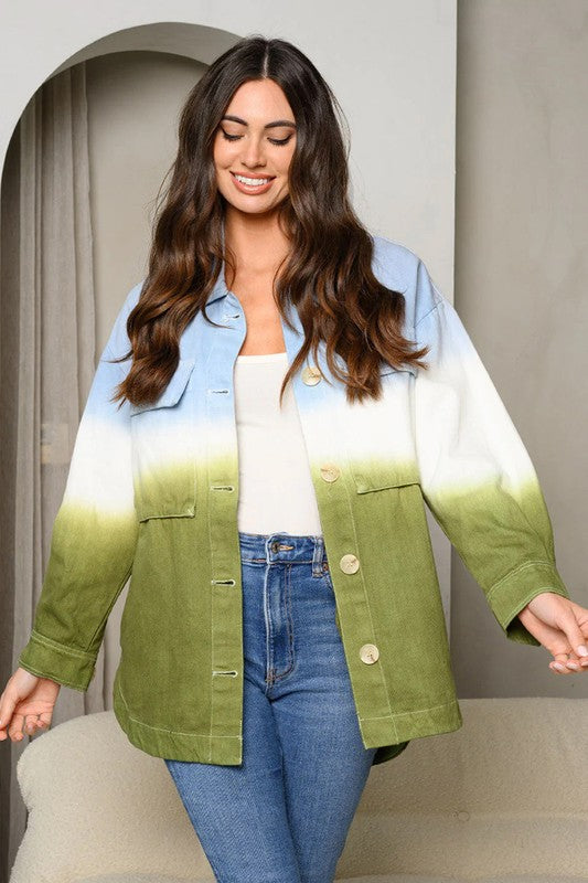Ombre color block cotton button-down jean jacket