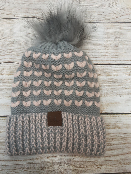 C.C.  Knit Pattern Natural Pom Beanie
