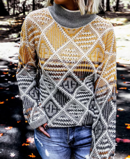 High Neck Geometric Colorblock Sweater
