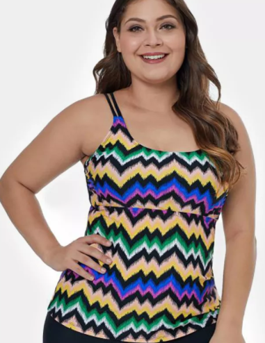 Plus Size Fuzzy Zigzag Print Tankini Swim Top