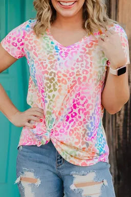 Multicolor Leopard Print Color Block Pleated Asymmetrical Hem T-Shirt