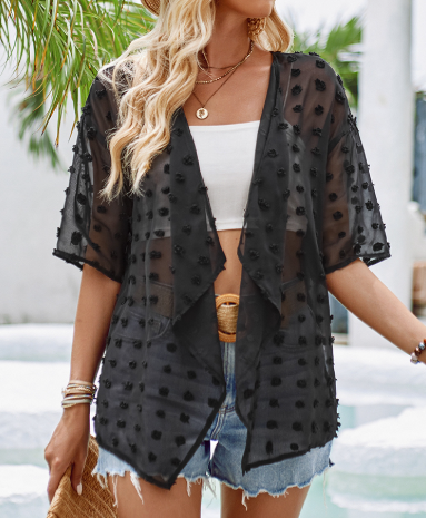 Draped Collar Swiss Dot Cover Up Cardigan Top