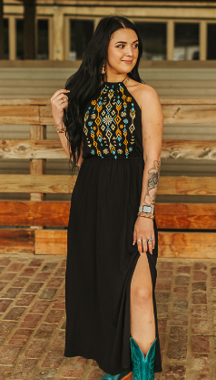 Black Aztec Embroidered Halter Spaghetti Strap Maxi Dress W Slit