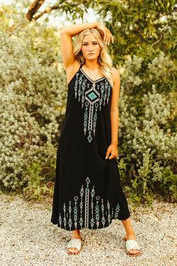 Black Spaghetti Strap Aztec Embroidered Dress