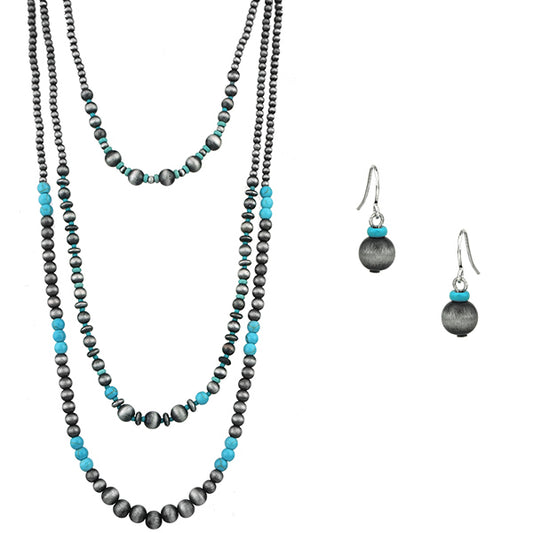 Grey and Turquoise Beaded Necklace and Earrings