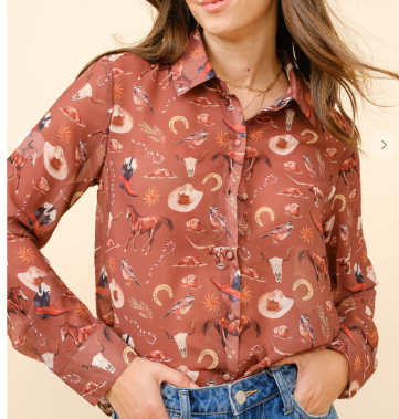 Western Print Chiffon Button Up Blouse