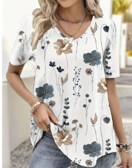 Floral Print V Neck T-shirt, Casual Short Sleeve Top