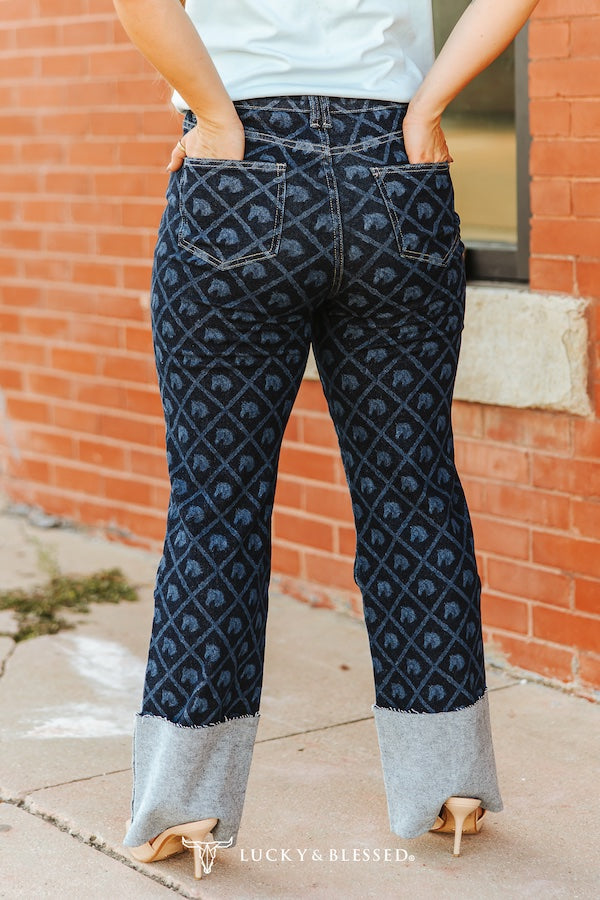 Denim Horse Laser Printed Cuffed High Rise Printed Jeans Plus Size (30in Inseam)