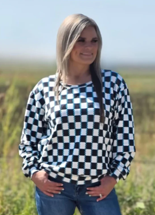 Checked In Turquoise Long Sleeved Top