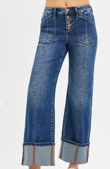 High Rise Crop Wide Straight Cuffed Jeans
