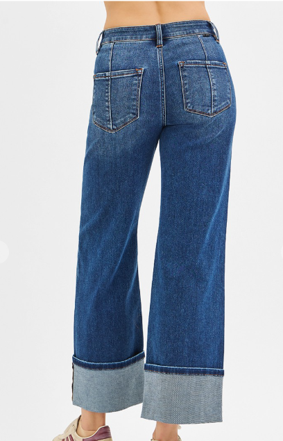 High Rise Crop Wide Straight Cuffed Jeans