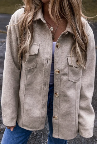 Light Grey Turn Down Collar Flap Pockets Buttoned Shacket