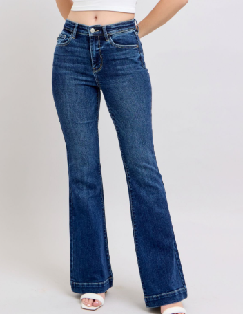 Judy Blue high-rise trouser dark wash denim jeans have a trendy flare hem