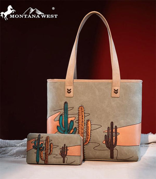 Montana West Embroidered Tote with Wallet Set