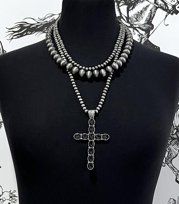 Black Beaded Black Cross Necklace