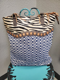 Zebra Print Real Cowhide Leather and Upcycled Canvas