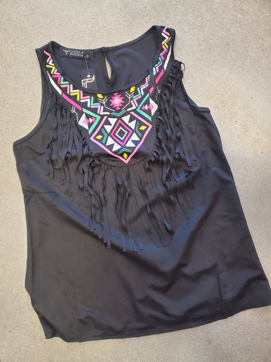 Black Front Fringe  Aztec Detail Top