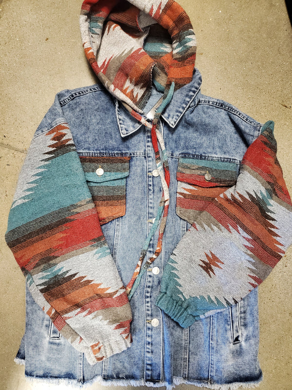 Denim W Red Aztec Jacket W Front Pockets