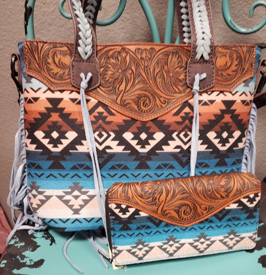 Montana West Tooled Aztec Tote/Crossbody with Wallet Set MW1295G-8313W JN