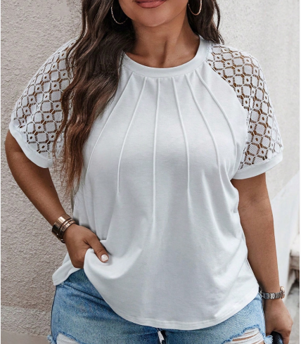 Plus Size Round Neck Ruched Hollow Out Shirt