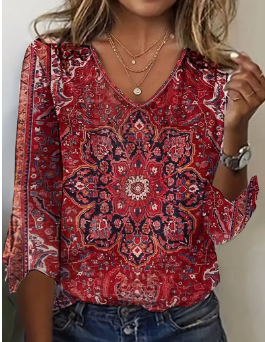 Tribal Print V-Neck 3/4 Sleeve