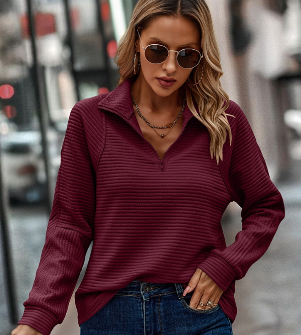 Zipper Neck Textured Striped Long Sleeves Sweatshirt