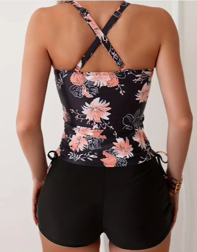 Floral Print Drawstring Cross Back 2 Piece Set Tankini