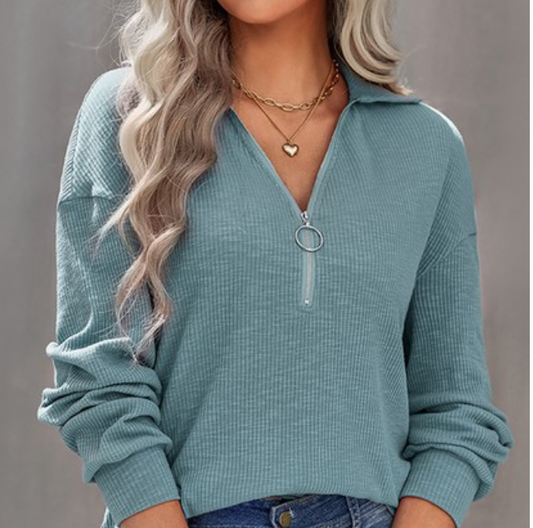 Solid Knit Lapel Half Zip Long Sleeve Pullover