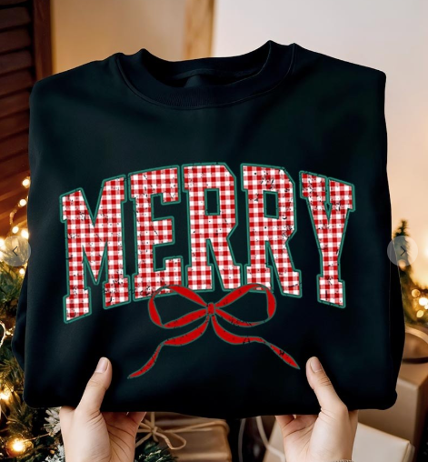 Plaid Merry Christmas Bow Graphic Sweatshirt
